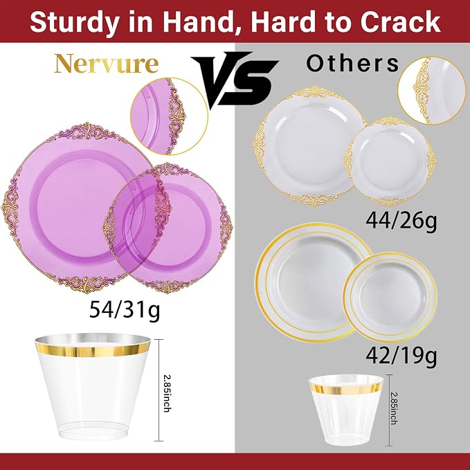 Nervure 350Pcs Purple Plastic Plates, Plastic Dinnerware Set - Image 3