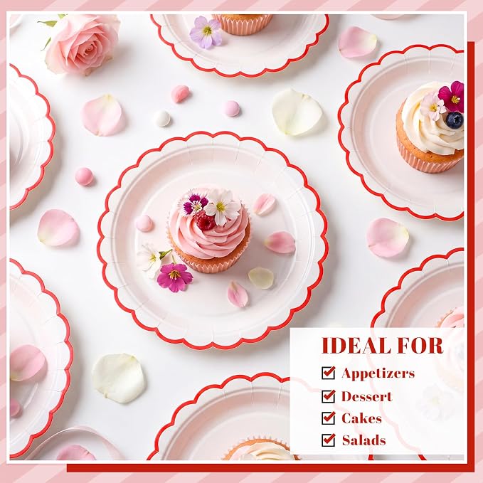 NatNarr 30 Pk Red Paper Plates 7" Scalloped Red White Dessert Cake Plates | - Image 8