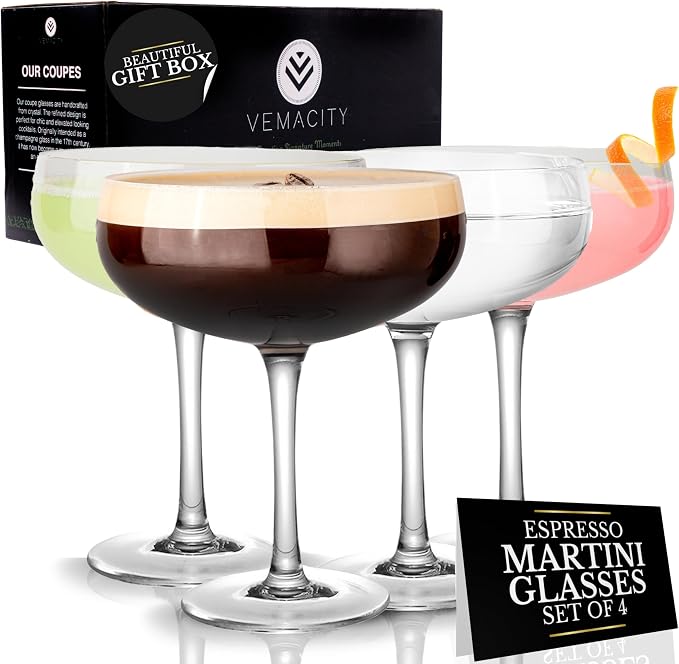 VEMACITY - Elegant Espresso Martini Glasses Set of 4 - Classic Coupe Glasses by Vemacity