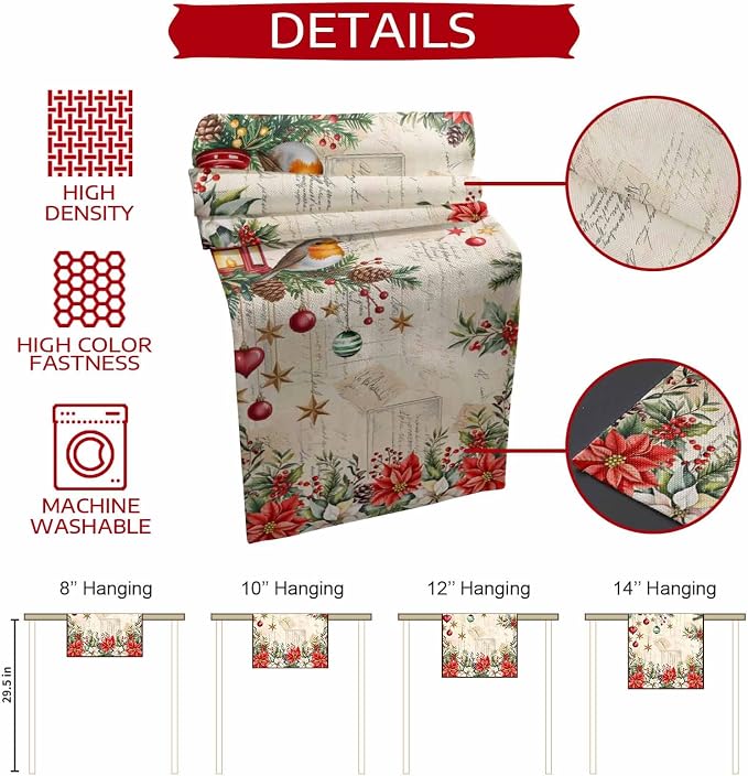 Christmas Poinsettia Table Runner 72 Inches Long, Winter Xmas Balls Birds Table - Image 7