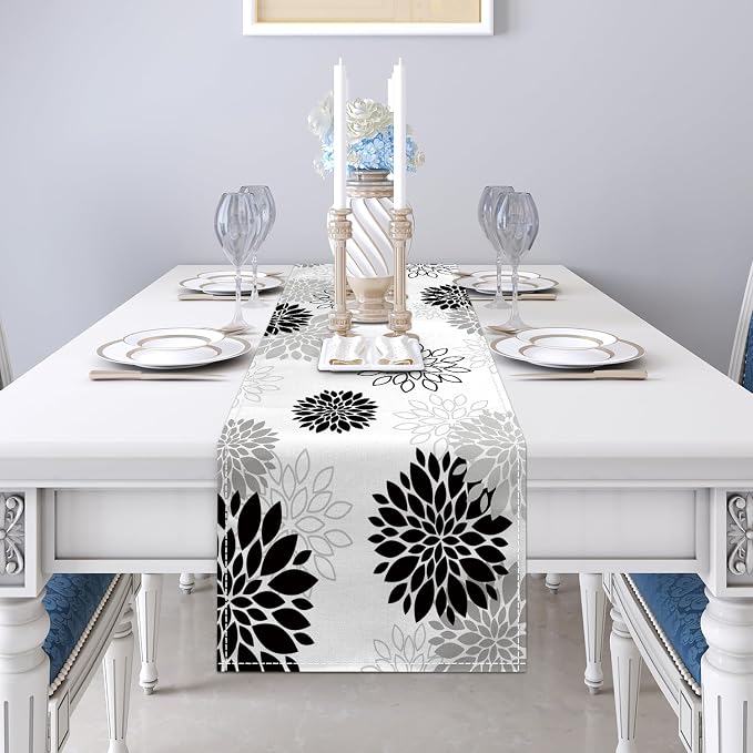 Dahlia Flower Table Runner 13x90 Inch Farmhouse Blue Gray Runners Modern Table - Image 5