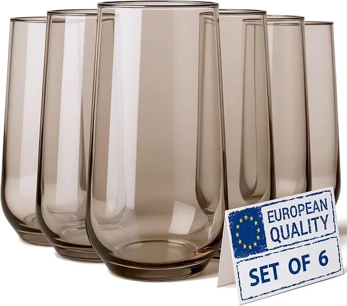 Smokey Sand Drinking Glasses Set of 6 | Translucent Brown Glassware | 16 oz by Biandeco
