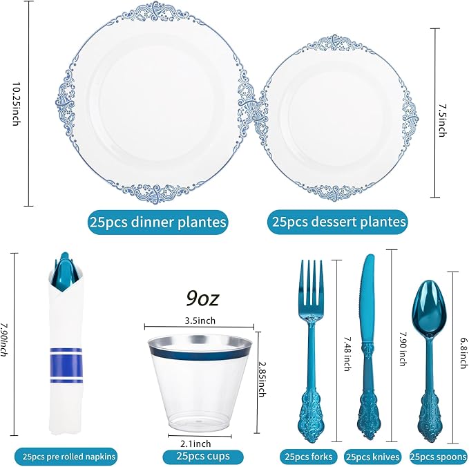 175 Pcs Clear Blue Plates for Graduation | Blue Party Plates Set for 25 Guests - Image 5
