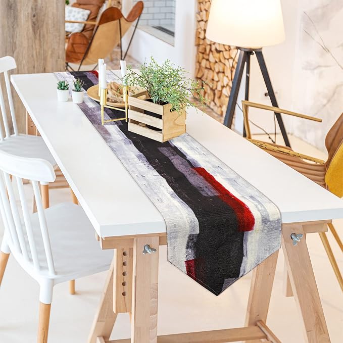 Red and Black Table Runner, Teal Abstract Modern Art Burlap Table Runners - Image 7