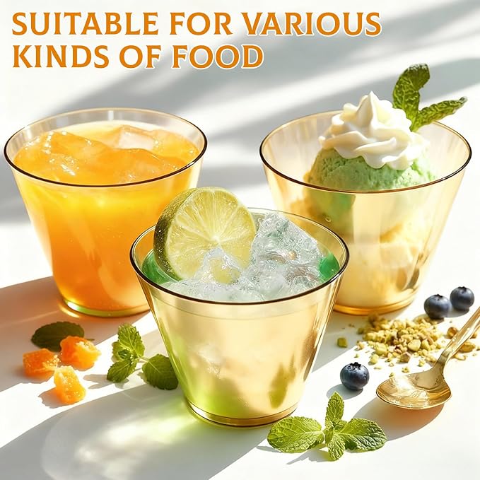 Glowserve 9 OZ Gold Disposable Plastic Cups Cocktail Cup 150 Pack | Fancy - Image 6