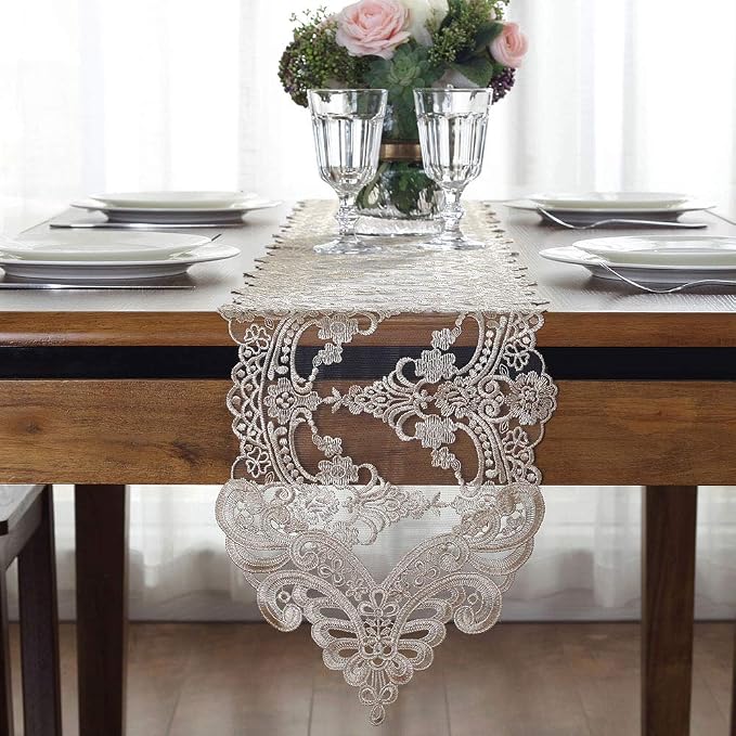 ARTABLE Champagne Lace Table Runner Macrame Dresser Scarf 10 x 47 Inch | - Image 2