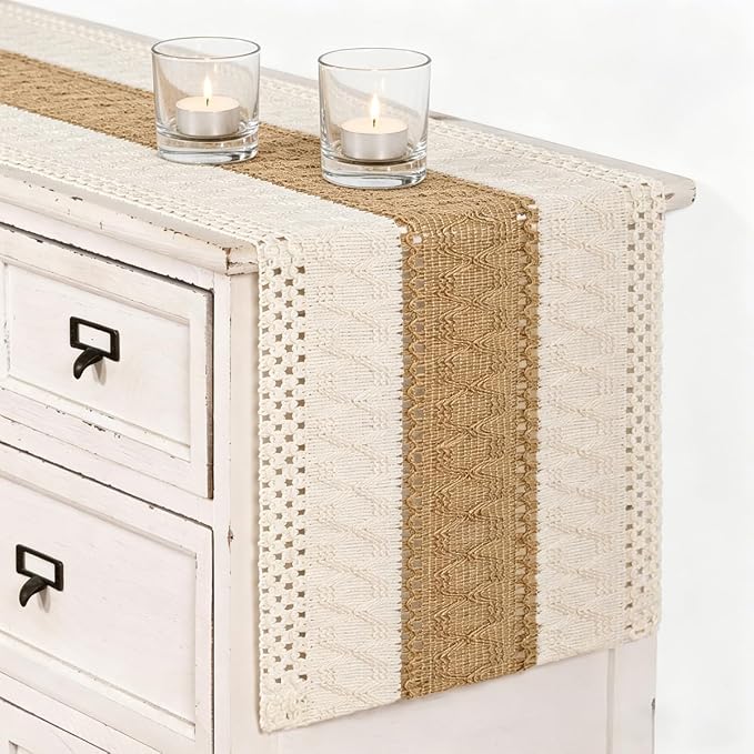 Ivory & Burlap Boho Table Runner Farmhouse Woven Table Runner 12x36 Inch | - Image 2