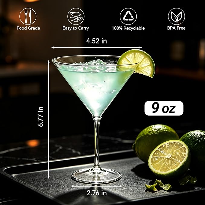 Plastic Martini Glasses Set of 12, 9 oz Clear Cocktail Cups | Unbreakable - Image 2
