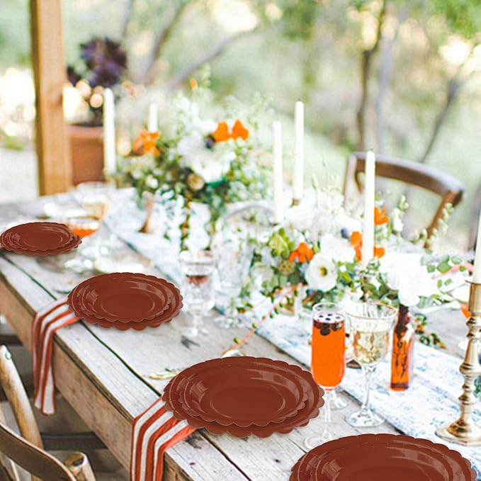 50 Pcs Brown Scalloped Paper Plates 25 × 7'' and 25 × 9'' Disposable Brown - Image 6