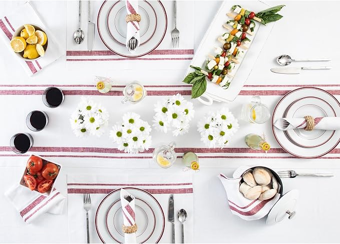 Solino Home 100% Linen Table Runner, 14 x 120 in, Burgundy and White Stripe | - Image 3