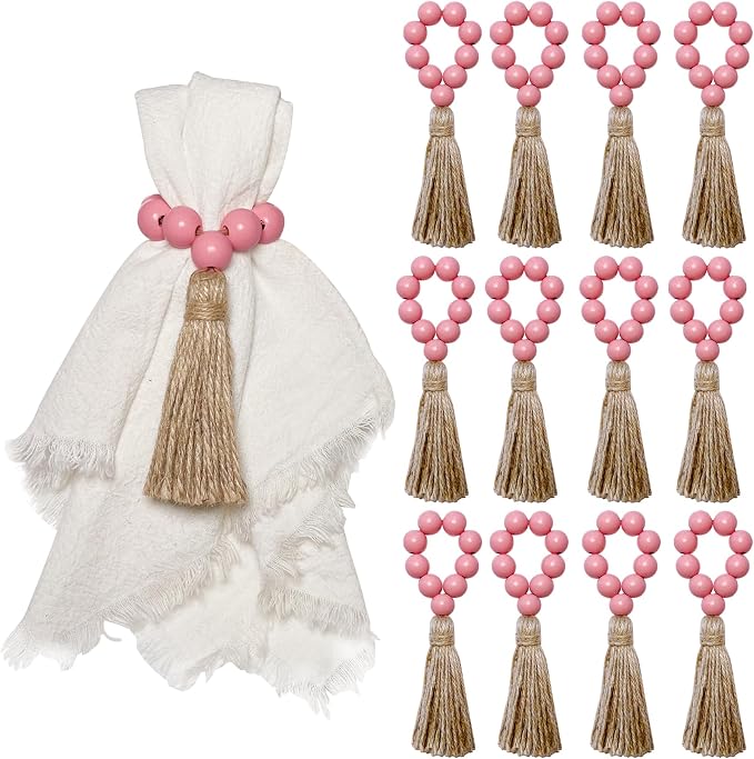 Napkin Rings Set of 12, Wooden Bead Elastic Tassel Napkin Ring | Tassel Napkin by JiTiMi