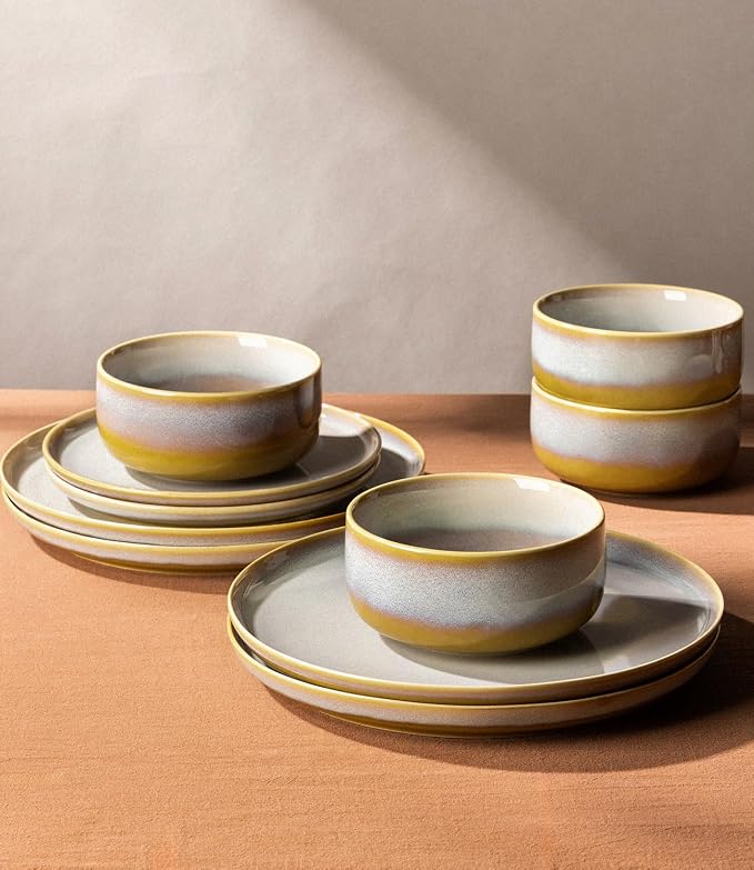 Ceramic Dinnerware Set for 4, 12-Piece Plates and Bowls Set | Handmade Reactive - Image 4