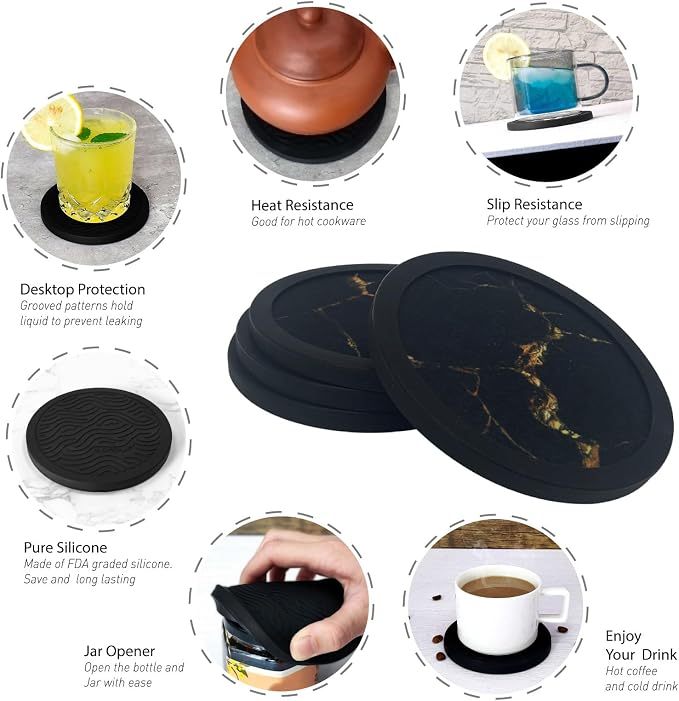 Set of 4 Black Silicone Coasters, Double-Sided Absorbent Felt & Non-Slip Cup - Image 4