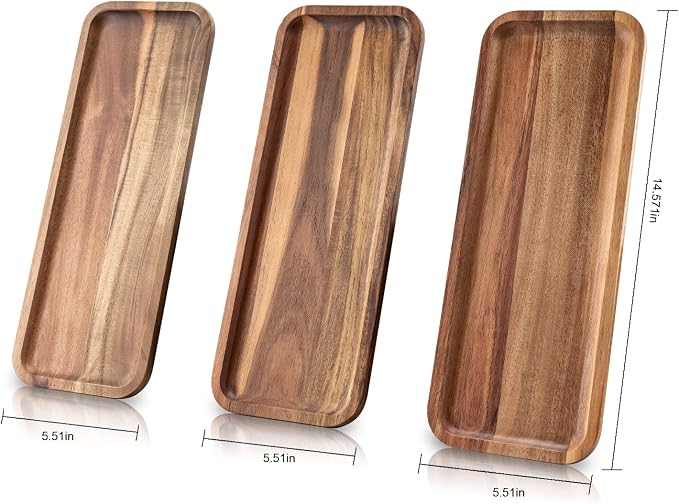 Set of 3 Solid Acacia Wood Serving Trays Rectangular Wooden Serving Platters - Image 5