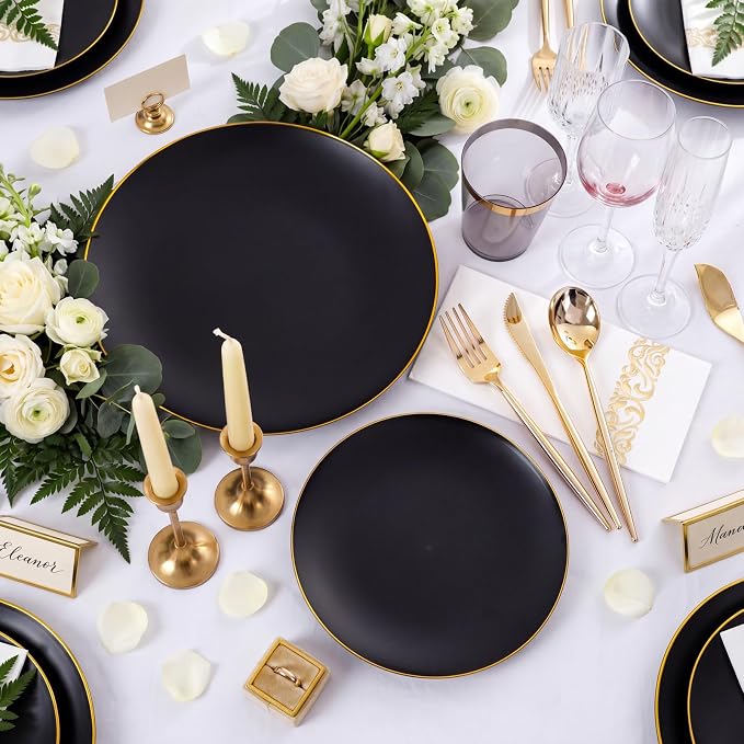 EI 350Pcs Black and Gold Matte Frosted Plastic Plates Disposable Heavy Duty - Image 8