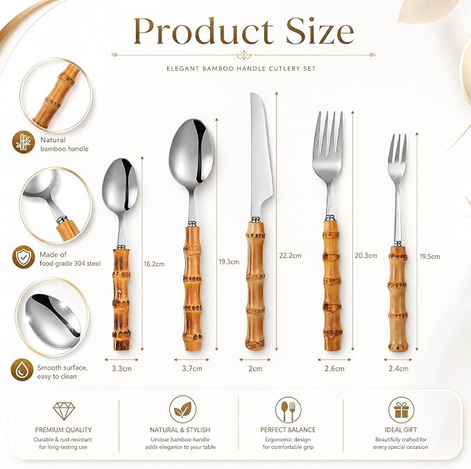 EBOOT 20 Pieces Bamboo Silverware Set 18/8 Stainless Steel Tableware Set - Image 2