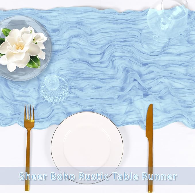 3 Pack Baby Blue Cheesecloth Table Runner, 17 x 108 inch, Semi Sheer Boho - Image 5