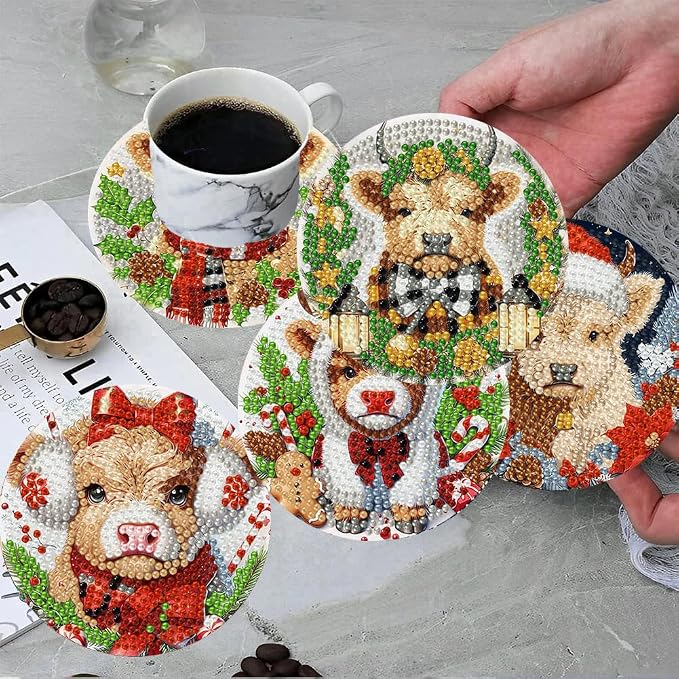 ijbnhd 8 Pack Cow Diamond Art Coasters Kits, Christmas Cow Kit 4x4 inch | - Image 4
