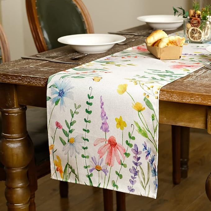 Spring Table Runner 13x108 Inch Watercolor Wild Flower Farmhouse Rustic Holiday - Image 3