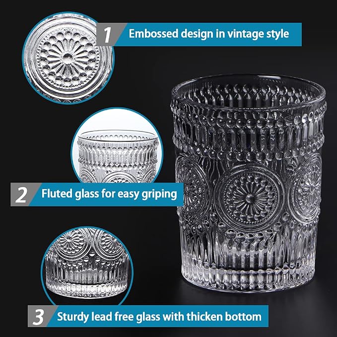 MDLUU 6-Pack Embossed Drinking Glasses, Romantic Glassware, Vintage Glass - Image 3