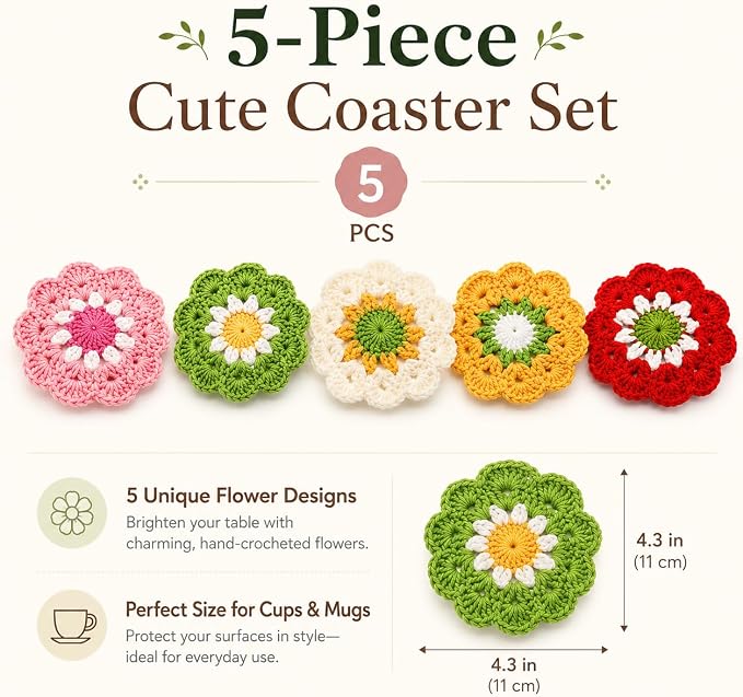 Coasters for Drinks Set of 5, Cute Flower Crochet Drink Coasters for Coffee - Image 2