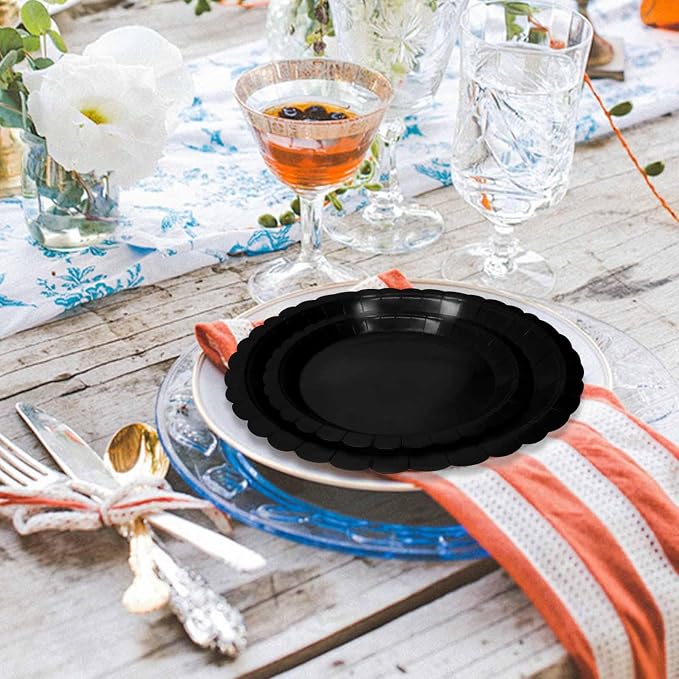 50 Pcs Black Scalloped Paper Plates 25 × 7'' and 25 × 9'' Disposable Black - Image 7