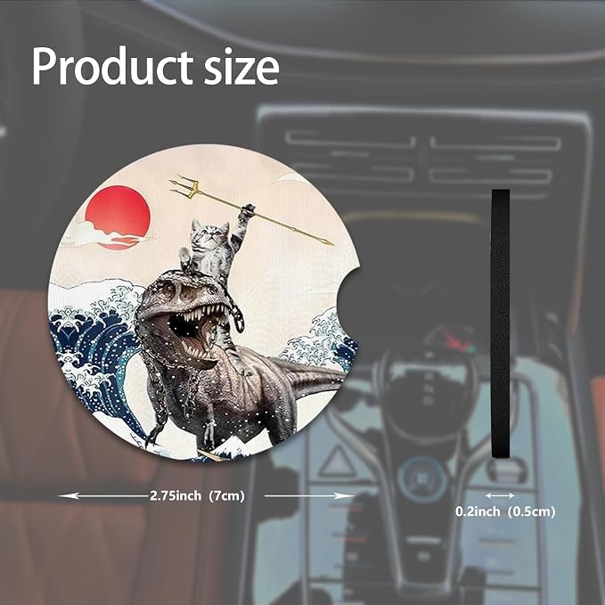 2pcs Cute Dinosaur and Cat Car Coasters, Absorbent Universal neoprener Cup - Image 2