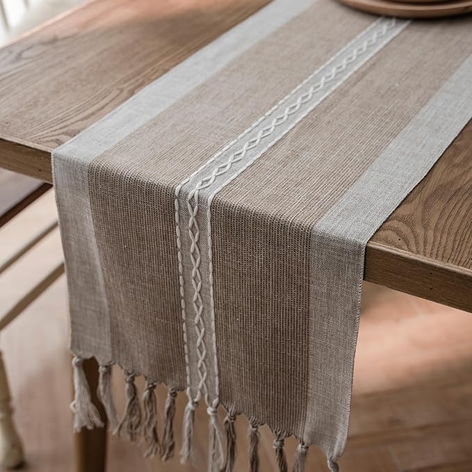 Farmhouse Table Runner, Embroidered Striped Braided Coffee Boho Table Runner - Image 6