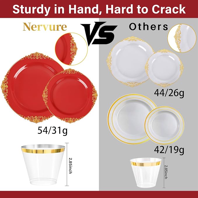 Nervure 350Pcs Red Plastic Plates, Disposable Dinnerware Set - Image 3