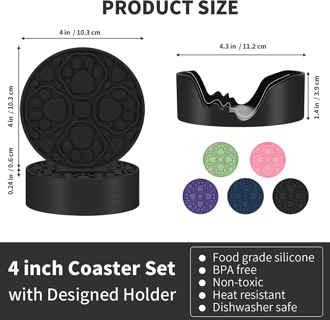 Black Silicone Coasters with Holder, 4 Inch Modern Non-Slip Drink Coasters Set - Image 3