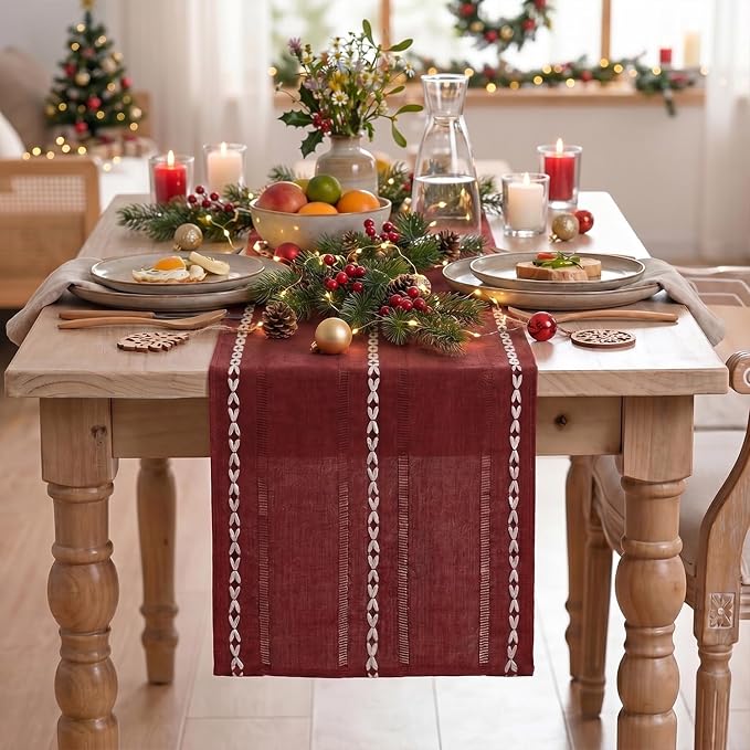Artoid Mode Red Rustic Cotton Linen Christmas Table Runner, Seasonal - Image 2