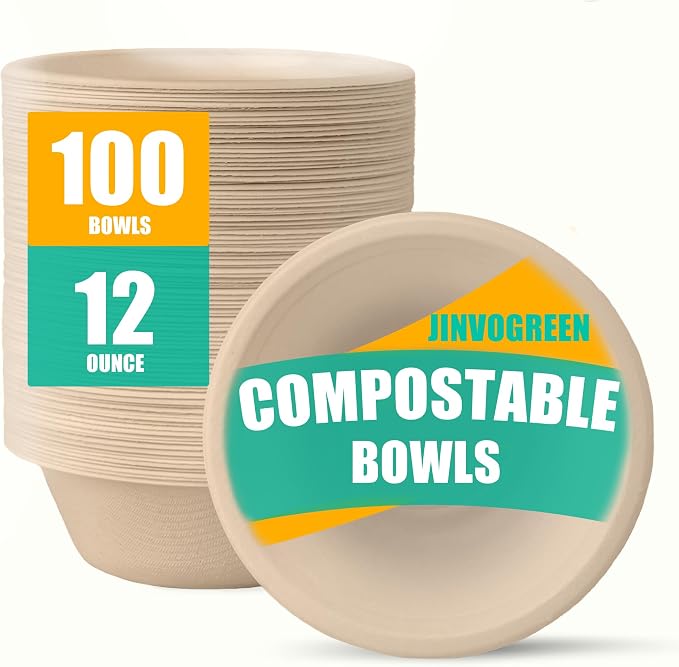 JINVOGREEN 12 oz Paper Bowls, Heavy Duty Biodegradable Bagasse Bowl by JINVOGREEN