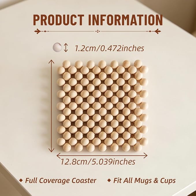 Wooden Bead Coaster, Natural Wood, Square Shape, Boho Style, Table Surface - Image 3