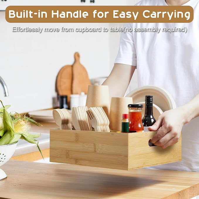 ALELION Bamboo Utensil Holder for Party, Paper Plate Organizer for Countertop - Image 4