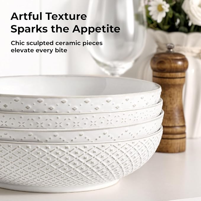 Y YHY 8.5" Pasta Bowls Set of 4, 30 oz Embossed Salad Bowls - Image 6