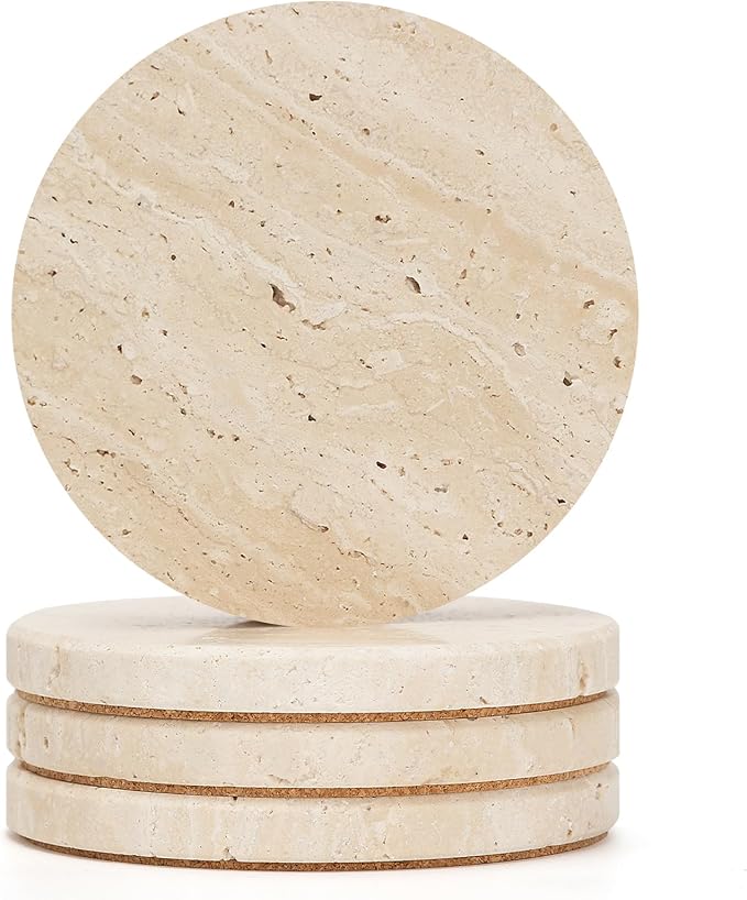 Travertine Drink Coasters Set of 4, Neutral Beige, 4 Inch Round | Modern Rustic by YONGHEE
