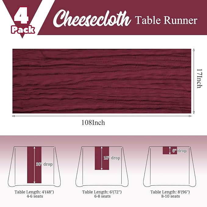 4 Pack Burgundy Table Runner 17 x 108inch Cheesecloth Table Runner Boho Gauze - Image 2
