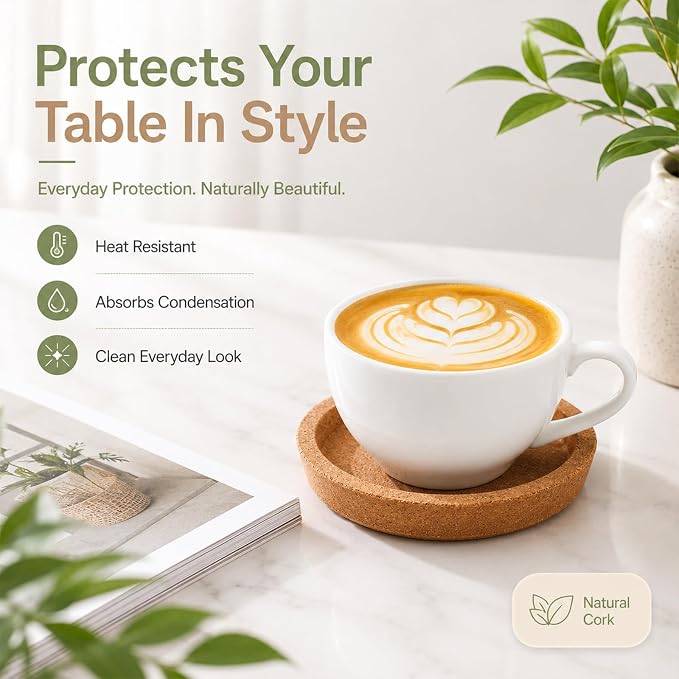 Cobee 4 Pack Cork Coasters, Absorbent Round Cup Coasters - Image 3