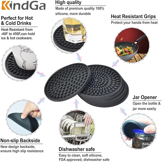 Silicone Coasters for Drinks Absorbent Rubber Coaster Set of 8 Black | Large - Image 4