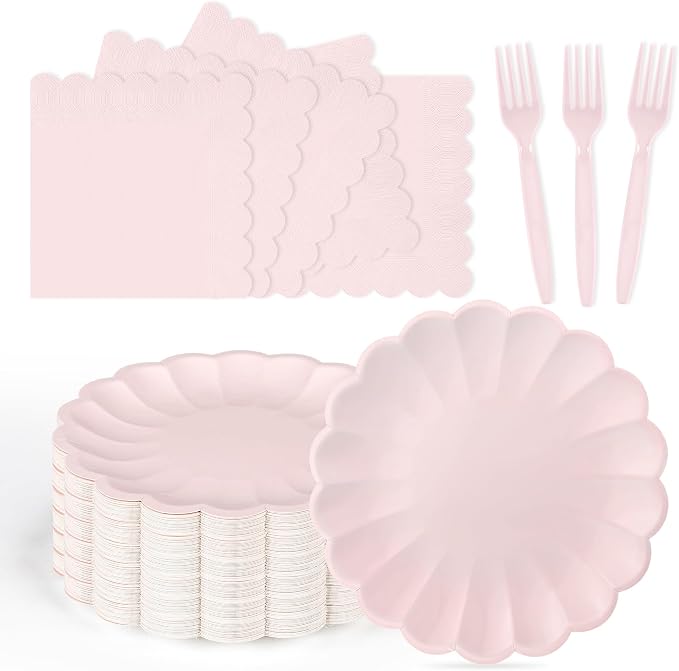 75 Pcs Pink Paper Plates and Napkins Disposable Tableware Set Include Light by Unknown