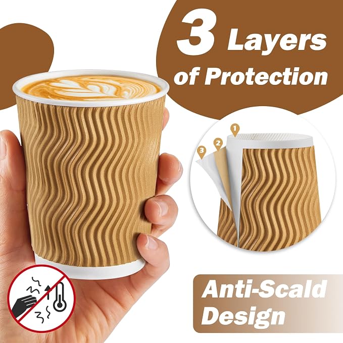 SIUQ 150 Pack 8 oz Disposable Coffee Cups, Insulated Corrugated Paper Cups | - Image 2
