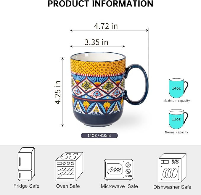 HENXFEN LEAD Boho Ceramic Coffee Mugs Set of 6, 14 oz | Assorted Patterns - Image 2