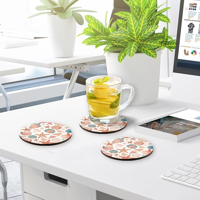 Seashells Different Shapes and Starfish Set of 4 Absorbent Coasters Cork - Image 7