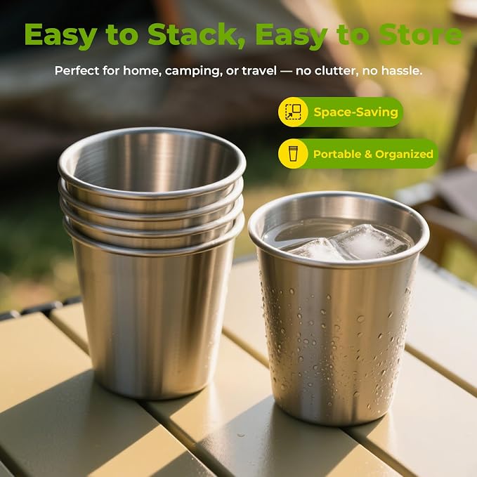 16oz Stainless Steel Pint Cups, Stackable Metal Drinking Glasses | Stainless - Image 3