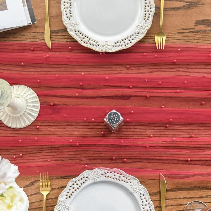 Artoid Mode 6PCS Pearl Red Gauze Table Runner 120 Inch 10FT, Seasonal Sheer - Image 2