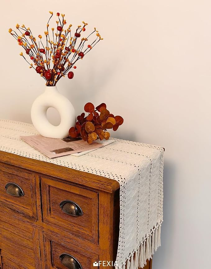 Boho Table Runner with Tassels White - Image 6