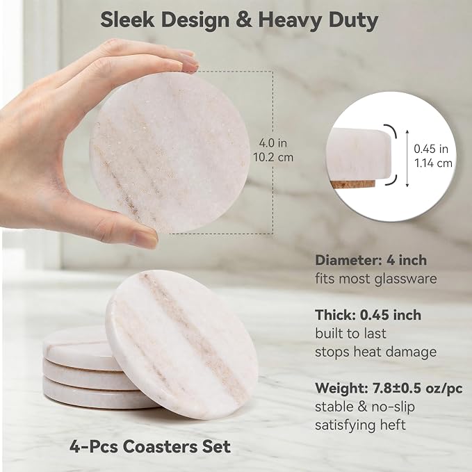 Cream White Marble Coasters Set of 4, Modern Neutral Drink Coaster - Image 4