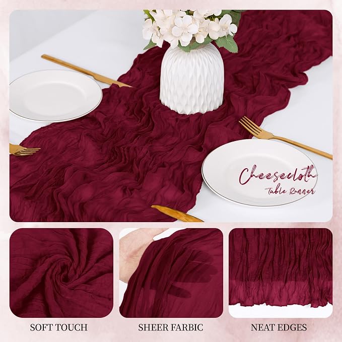 6 Pack Burgundy Cheesecloth Table Runner 17x108 Inch Semi Sheer Boho Gauze - Image 3
