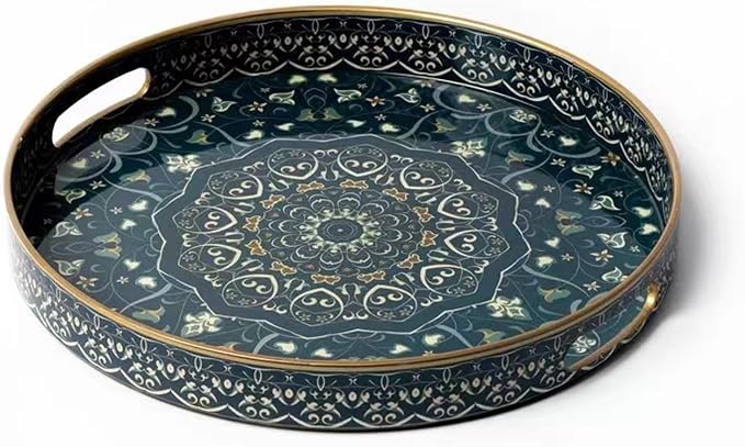 Round Serving Tray with Handles | Plastic Ottoman Tray Coffee Table Tray by FUUKOU