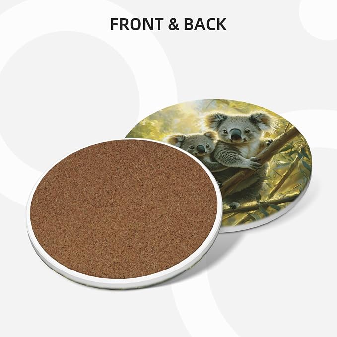 Koala Leaves Pattern Coasters for Drinks Absorbent Round Ceramic Coasters Set - Image 2